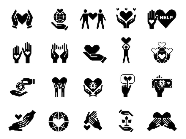 Philanthropy set. Contribute love volunteers goods charities hands with hearts  conceptual symbols.