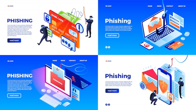 Phishing banner set. Isometric set of phishing vector banner for web design