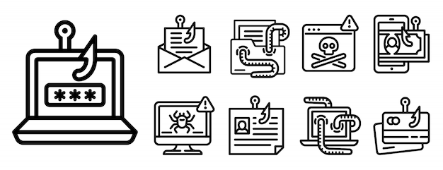 Phishing icon set, outline style