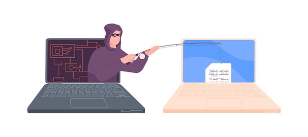 Phishing scam attack Online computer hacker attack fish hook laptop data stealing fraud email cyber crime internet secure leak information steal login splendid vector illustration