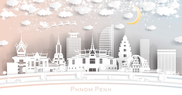 Phnom Penh Cambodia City Skyline in Paper Cut Style with Snowflakes, Moon and Neon Garland. Vector Illustration. Christmas and New Year Concept. Santa Claus on Sleigh.