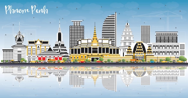 Phnom Penh Cambodia City Skyline with Color Buildings, Blue Sky and Reflections. Vector Illustration. Travel and Tourism Concept with Historic Architecture. Phnom Penh Cityscape with Landmarks.