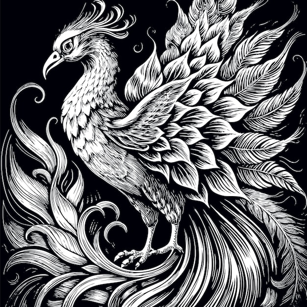 Vector phoenix bird engraved vector