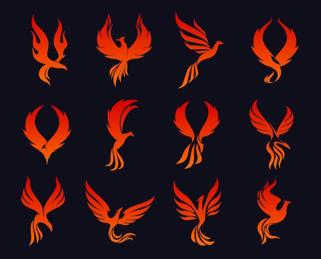 Vector phoenix bird icons eagle fire silhouette flying on flame wings vector emblems heraldic symbols or phoenix mascot tattoo firebird falcon with flame feathers for luxury labels or corporate emblem