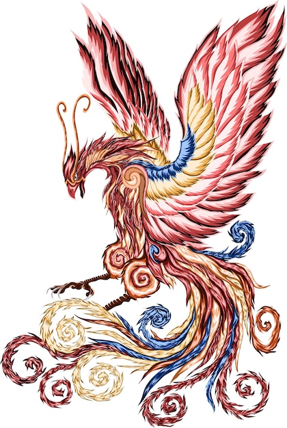 Phoenix bird illustration vector color art, tattoo phoenix illustration, Phoenix wingspan