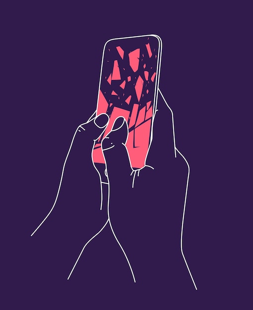 Phone breakdown in hands drawing with thin lines on blue background