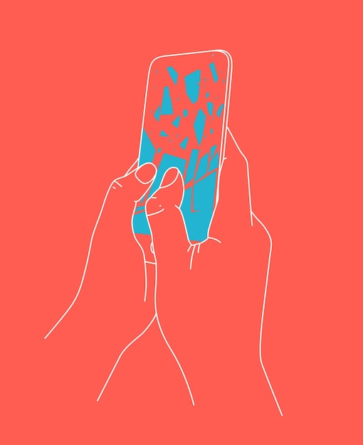 Phone in hand deleting data drawing with thin lines on coral background