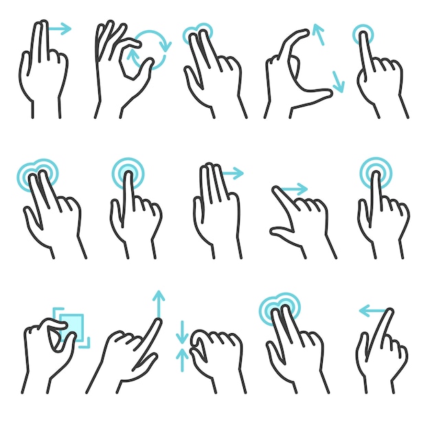 Phone hand gestures. Hand gesture for touchscreen devices, slide touch phone. Zoom move swipe press finger actions,  symbols set