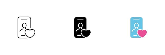 Phone icon with a heart Relationships online dating dating sites Vector set of icons in line black and colorful styles isolated on white background