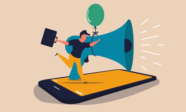 Phone marketing with megaphone and air balloon Mobile advertisement and promotion service business