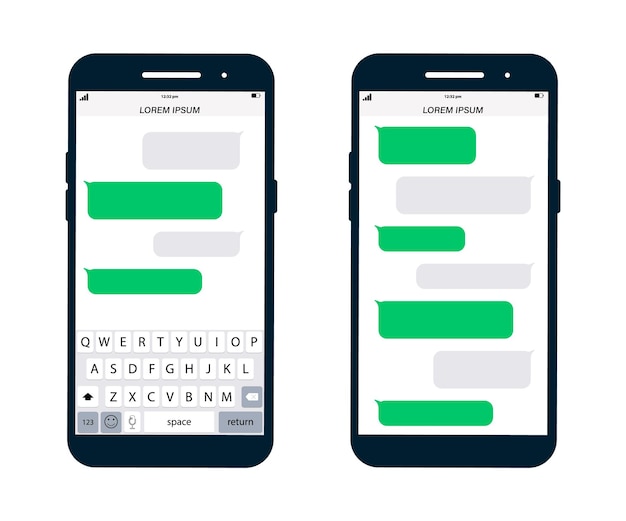 Phone Message Template. Smartphone, chatting sms app template bubbles. Place your own text to the message clouds. Social network messenger page template. Composed dialogues using samples bubbles