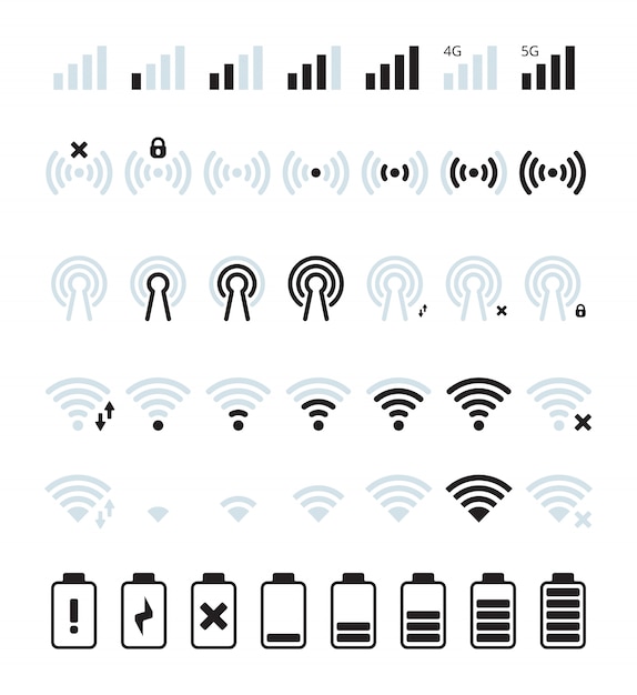 Phone mobile signal. Wifi and mobile status bar connection icon gsm batteries level pictures