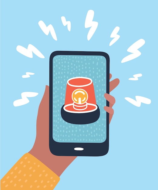 Phone notifications, new message received concepts. Hand holding smartphone with speech bubble and exclamation point icon. Modern   graphic elements. Long shadow design.  illustration