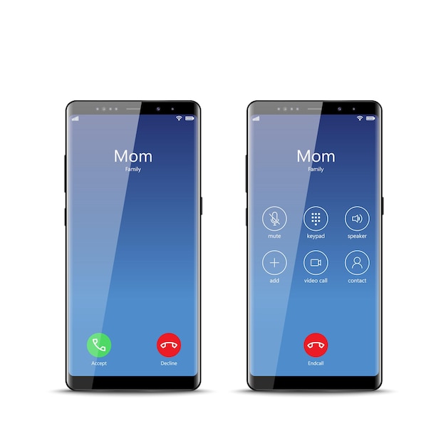 Phone screen call mockup Mobile device interface template Incoming call smartphone display vector.