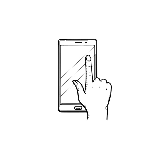 Phone touchscreen hand drawn outline doodle icon. Finger pressing the touchpad of the phone with book image vector sketch illustration for print, mobile and infographics isolated on white background.