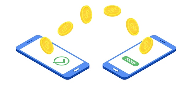 Phone with money. Coins transfer concept. Flat isometric illustration. Exchange electronic money.