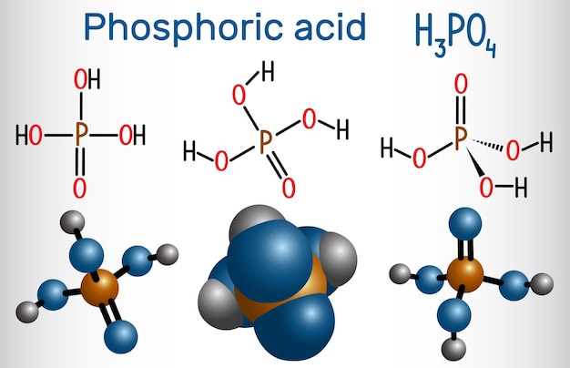 Vector phosphoric acid orthophosphoric acid h2po4 is a mineral and weak acid molecule structural chemical formula and molecule model