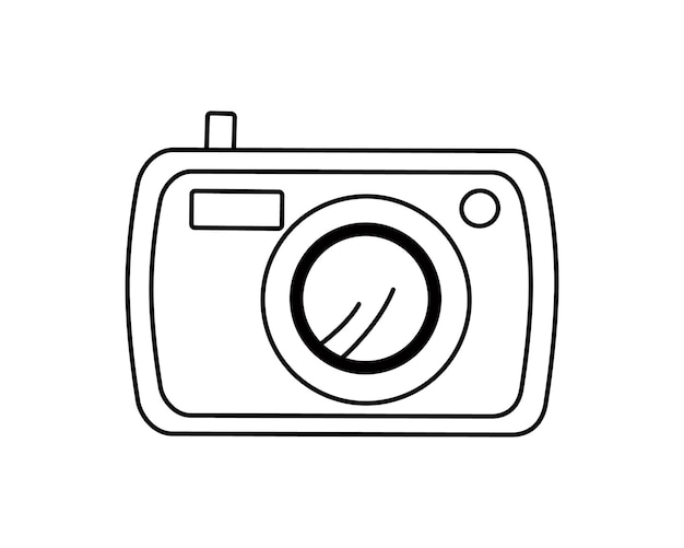 Photo camera black and white outline drawing Doodle vector icon on white background