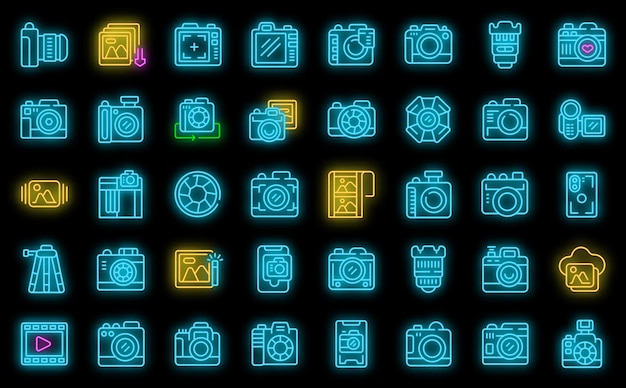 Photo camera icons set vector neon