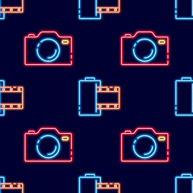 Photo camera and Photographic film neon seamless pattern