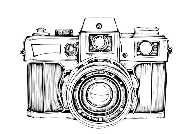 Photo camera retro sketch hand drawn engraving style Vector illustration.