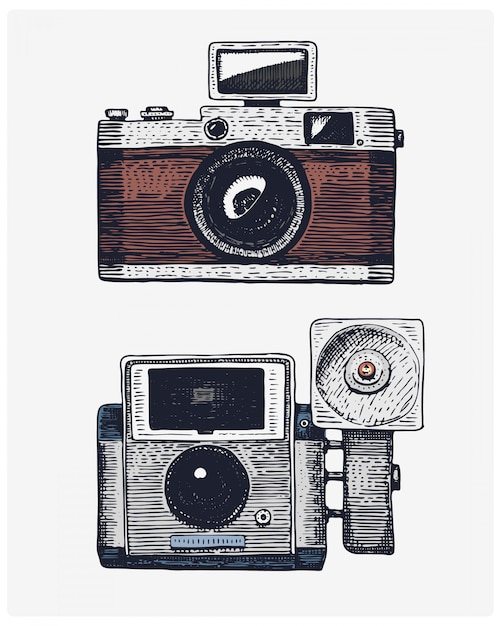 Photo camera vintage, engraved hand drawn in sketch or wood cut style, old looking retro lens, isolated   realistic illustration