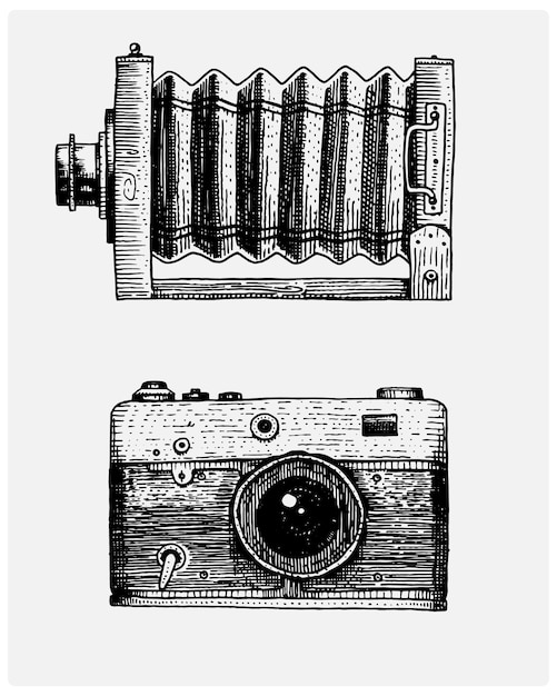 Photo camera vintage engraved hand drawn in sketch or wood cut style old looking retro lens isolated vector realistic illustration