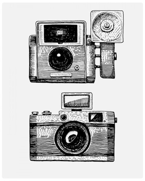 Photo camera vintage, engraved hand drawn in sketch or wood cut style, old looking retro lens,   realistic illustration