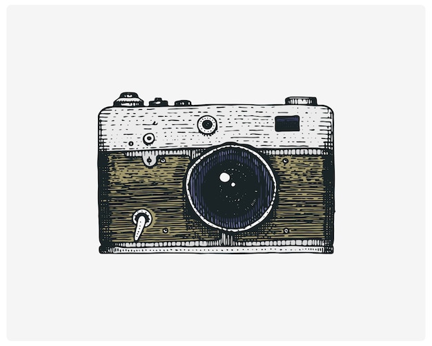 Photo camera vintage, engraved hand drawn in sketch or wood cut style, old looking retro lens,   realistic illustration