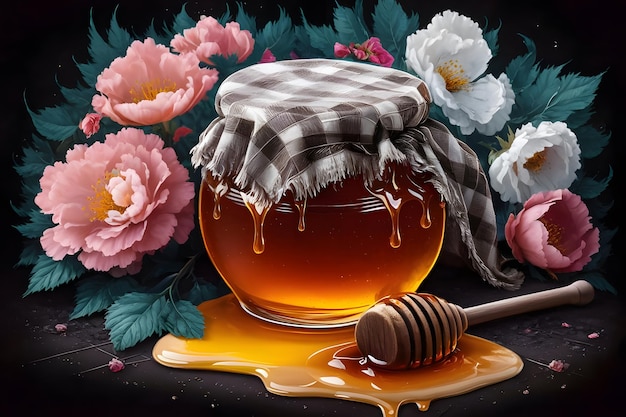 Vector a photo capturing the vibrant colors and patterns of a jar of honey surrounded by fresh flowers