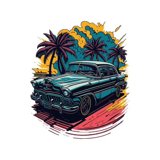 Photo cars and city background hand drawn future style tshirt design in Miami street and flat white