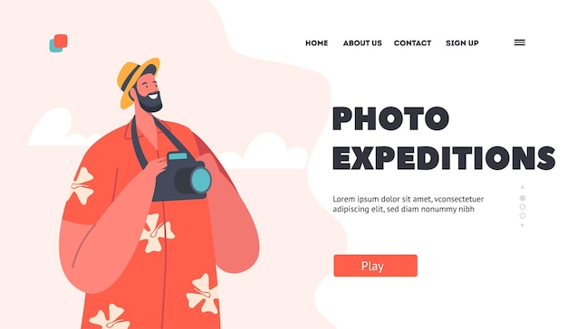 Photo Expedition Landing Page Template Tourist with Camera Shooting Sightseeing in Foreign Trip Male Character Travel