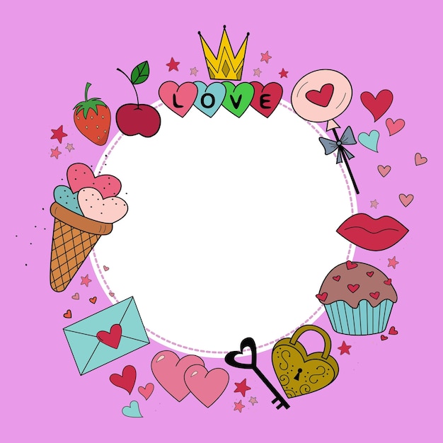 A photo frame with handdrawn cute elements Hearts cupcakes lollipops candies berries