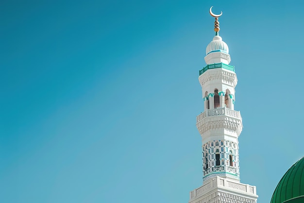 Vector photo of the green dome and white minaret of the masjid nabawi mosque with a blue background the isl