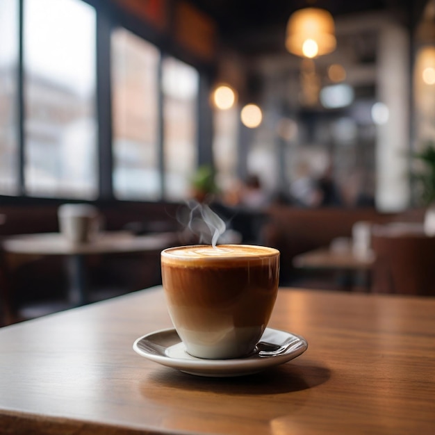 photo of hot coffee on a table with blur background on coffee shop