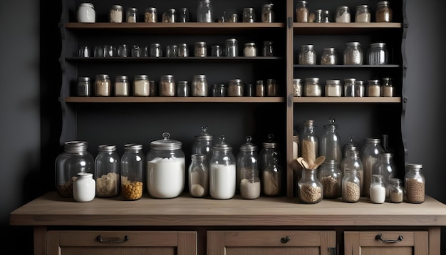 Vector photo of a kitchen pantry with glass jars filled with various dried goods the shelves are wooden and the background is a dark grey wall