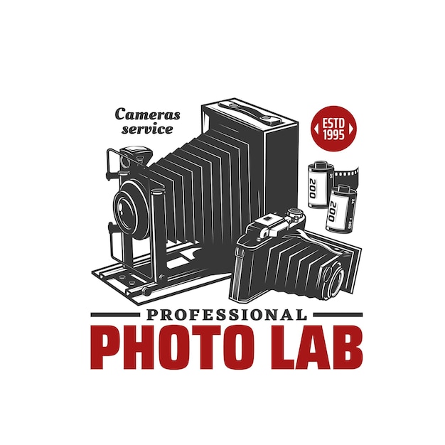 Photo lab icon or photography studio emblem with retro camera vector Photographer service or professional photo laboratory sign with vintage lens camera lens and film reels