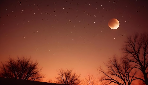 Vector a photo of a night sky with a full moon and stars the sky is a deep orange color with a few silhouetted trees in the foreground