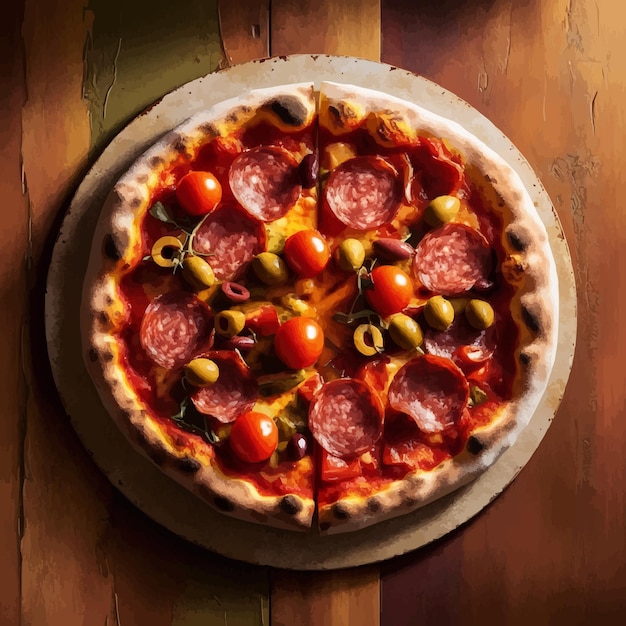 Vector photo pizza pizza filled with tomatoes salami and olives