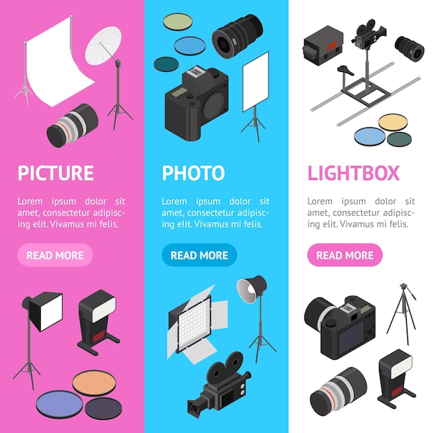 Photo Studio Equipment Banner Vecrtical Set Isometric View Vector