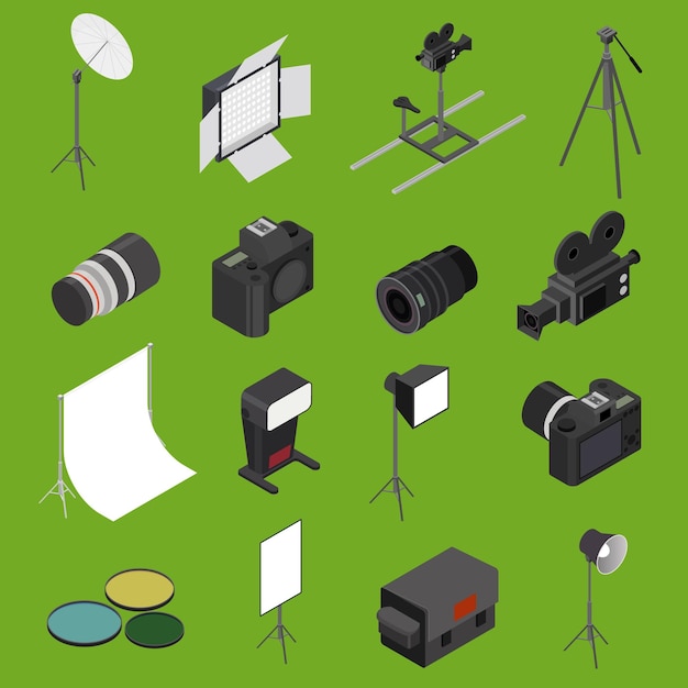 Photo Studio Equipment Icon Set Isometric View Vector