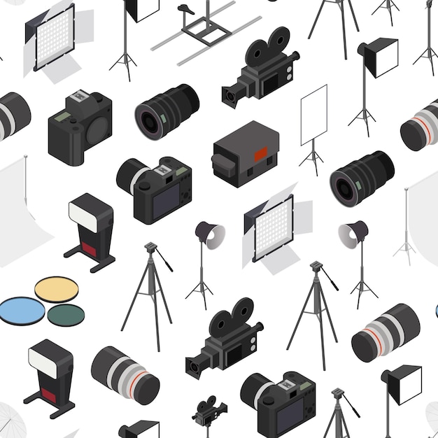 Photo Studio Equipment Seamless Pattern Background Isometric View Vector