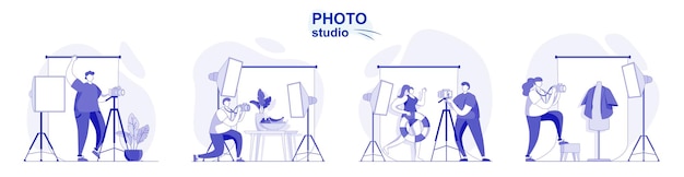 Photo studio isolated set in flat design People take photos on professional camera with lights