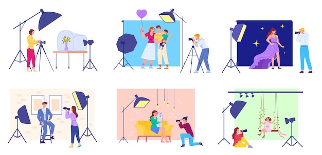 Photo studio session Professional photoshoot fashion models or family photography beauty model posing on photographer camera photographic art modelism swanky vector illustration