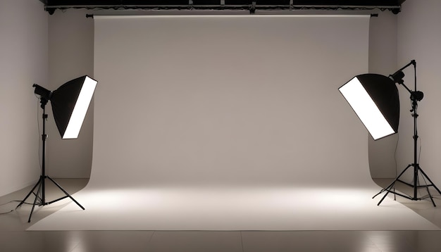 A photo studio with a white backdrop and two lighting setups representing a professional environment for photography and product shoots