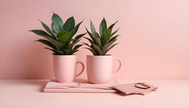 Vector photo of two plants in pink mugs a gold ring and a pink pouch on a pink surface