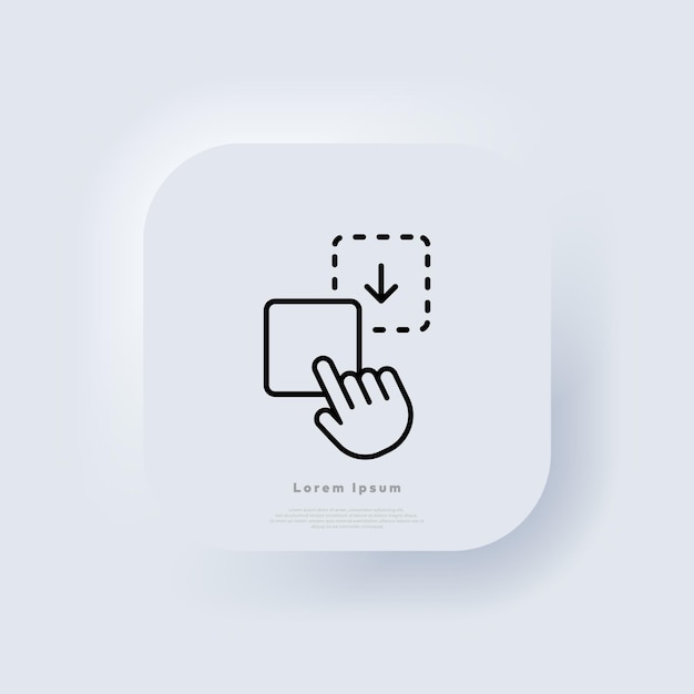 Photo upload icon in black. Hand cursor. Neumorphic UI UX white user interface web button. Neumorphism. Vector illustration.