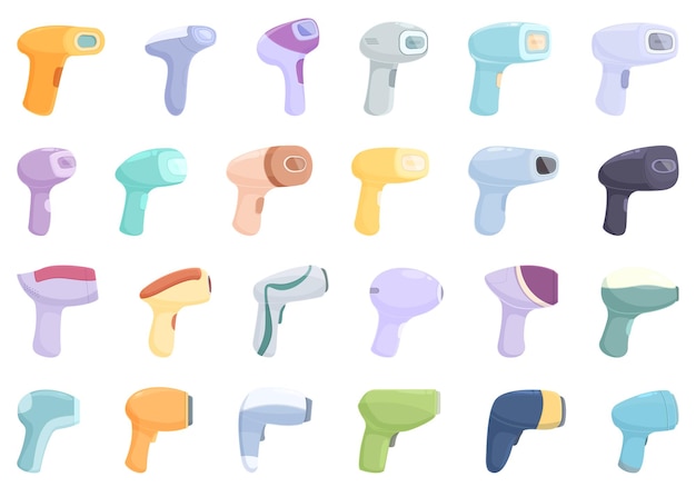 Photoepilator icons set cartoon vector Woman hair