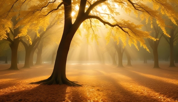 Vector a photograph of a lone tree with golden leaves in an autumnal forest sunlight beams through the branches creating a warm and ethereal glow