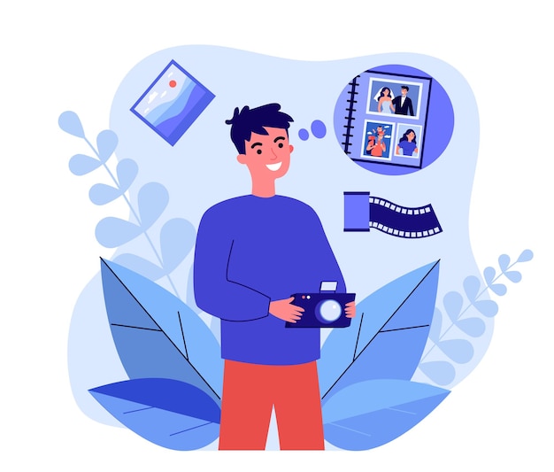 Photographer making photo for family album. Man holding camera, taking picture for memory flat vector illustration. Creative hobby, photography concept for banner, website design or landing web page